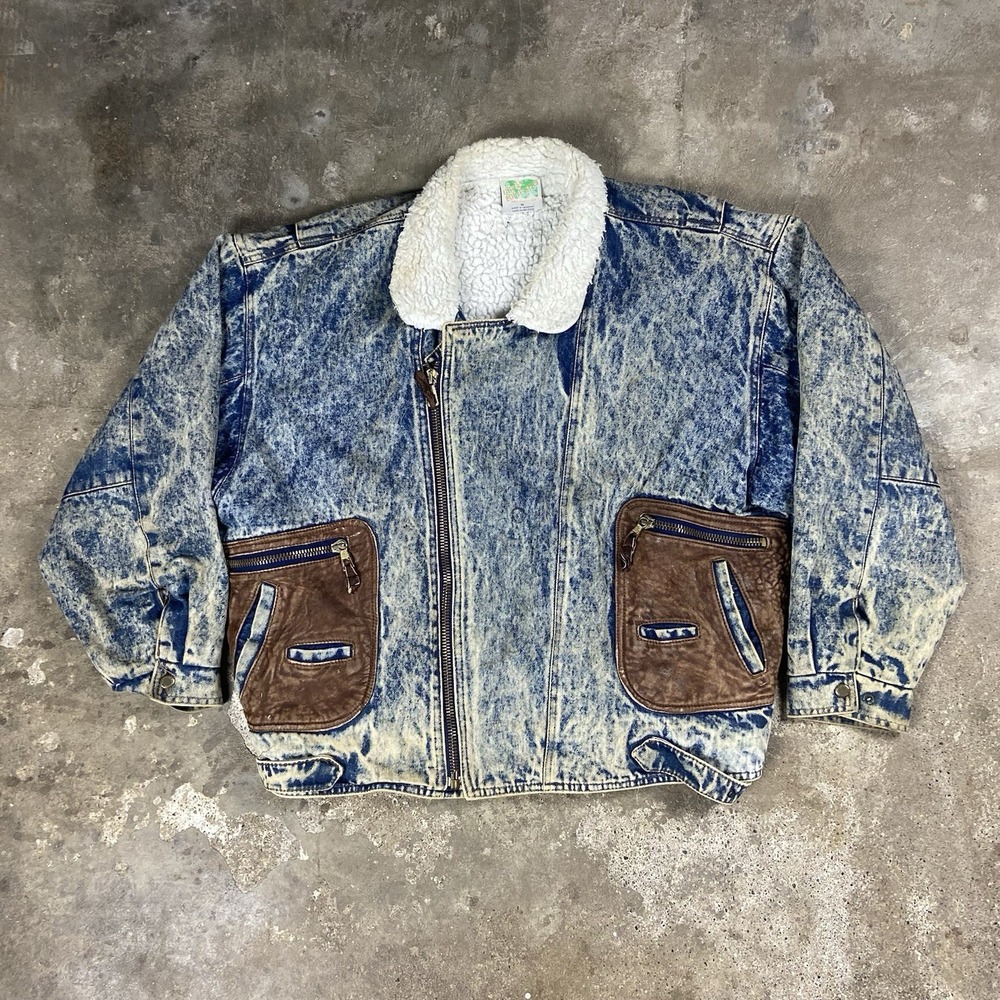 Vintage 80s Urban Equipment Denim Jacket Size XL Acid Washed Sherpa Lined Zip Up